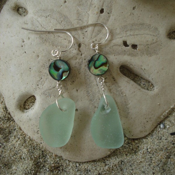 Abalone And Sea Foam Green Sea Glass Earrings