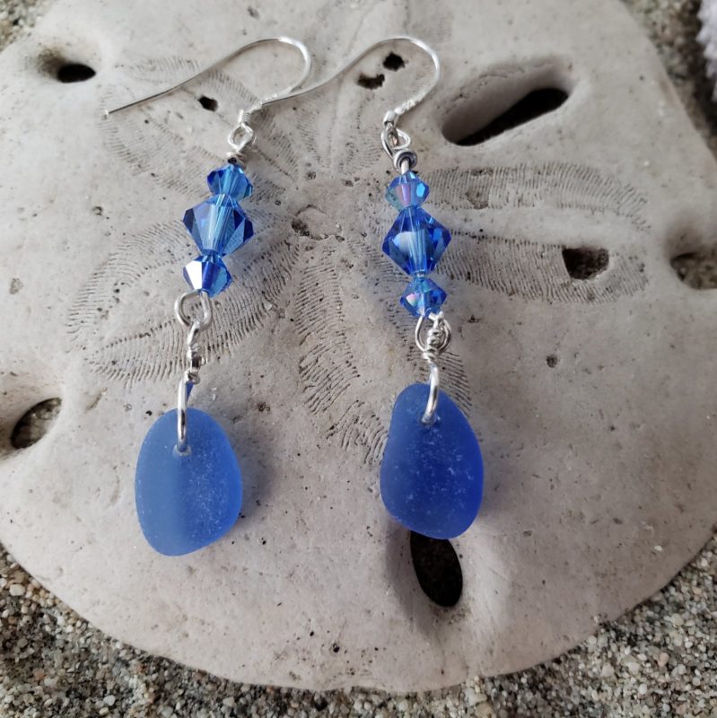 Cobalt Blue Sea Glass with Austrian Blue Crystals Dangle Earrings ...