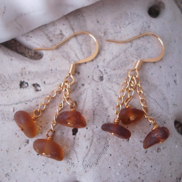 Root beer Brown Sea Glass Earrings Dangle On Gold Wires - Sisters ...